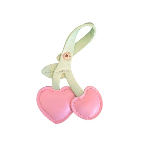 CHERRY LEATHER CHARM FOR PURSE BACKPACK HANDBAG ACCESSORY KEY CHAIN PINK GREEN - Picture 2 of 5